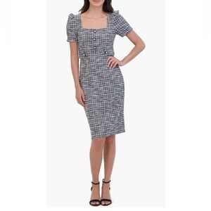 Eliza J Black Ivory Puff Sleeve Accent Buttons Tweed Sheath Midi Dress - Reemoly